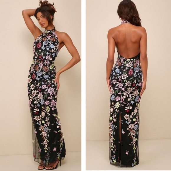 Lulus Dresses & Skirts - Lulu's Black Floral Backless Maxi Dress Size L